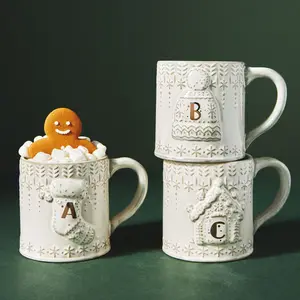Современный дизайн с тиснением поверхности белого фарфора керамические рождественские милые кофейные кружки и чашка для подарка