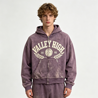 Hoodie Zipper Heavyweight Sun Faded Dirty Spray Streetwear dengan Logo Valley High Bordir, Pakaian Fashion Grosir