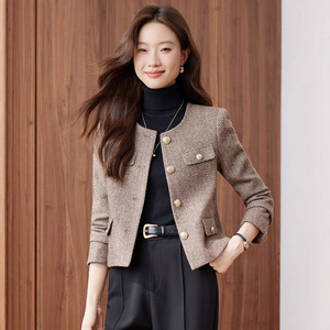 Grey Wool Blazer For Women Plaid Pattern Buttons Keep Warm Short Coat 2025 New Style High End Fashion - Product Image 4