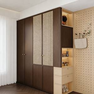 Modern Hotel <b>Bedroom</b> Wardrobe Dark Wood Design With Rattan Panels & Modular Perforated Side <b>Storage</b> for Guest Rooms - Product Image 5