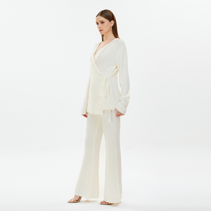 OEM maglione da donna Set due pezzi <span class=keywords><strong>Cardigan</strong></span> oversize in tessuto <span class=keywords><strong>a</strong></span> coste ricamato con maniche lunghe tinta unita - Product Image 3