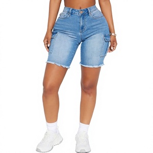 Shorts de Mezclilla de Algodón Estilo Cargo Vintage, Casuales de Verano, Corte Regular, Cintura Media, Desgastados, Color Azul - Product Image 1