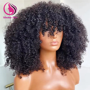 Perruque afro bouclée haute densité avec frange, sans lacet, couleur naturelle, en cheveux humains vierges, vente en gros, perruques courtes bob pas chères - Product Image 1