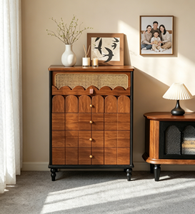 Mueble de Almacenamiento de Madera Sólida Estilo Moderno de Mediados de Siglo, Paneles Florales, Puertas Planas, Tamaño Personalizado Disponible para Muebles de Sala - Product Image 1