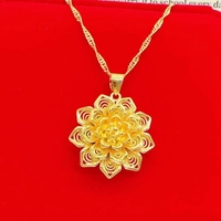 Kalung Liontin Pernikahan/Tunangan Desain Bunga Kuningan Lapis Emas 24K Vintage Wanita Grosir Dubai Unisex