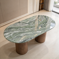 Table à manger de luxe en marbre vert Shangri-La avec pieds en bois, mobilier moderne en pierre pour salon, ensemble de table à manger haute