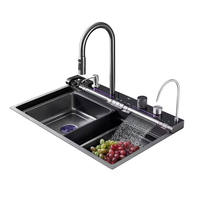 Évier de cuisine multifonctionnel à affichage numérique à LED en acier inoxydable anti-rayures Robinet de lave-tasse à cascade en acier inoxydable à quatre trous