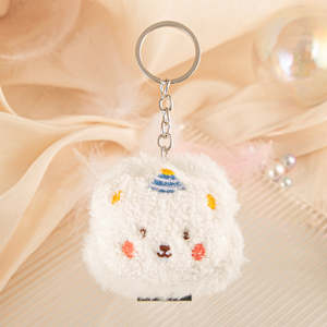 Cute Round Plush Bear Compact Mirror Keychain Fuzzy Birthday Party Hat Bear Charm Purse Pendant <b>Pocket</b> Mirror Multi Colors Bulk - Product Image 4