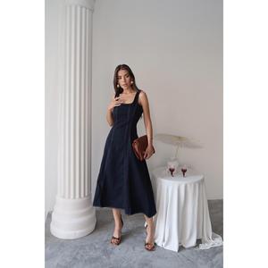 Vestido Gabardina Azul Marino Corte A con Cuello Cuadrado y Cintura Natural, Vestido Cómodo para el Trabajo, Tejido de Tela - Product Image 5