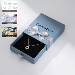 Luxury Custom Brand Blue Paper Necklace Jewelry Drawer <b>Box</b> with <b>Black</b> Lining and Ribbon Handmade Packaging - Product Image 1