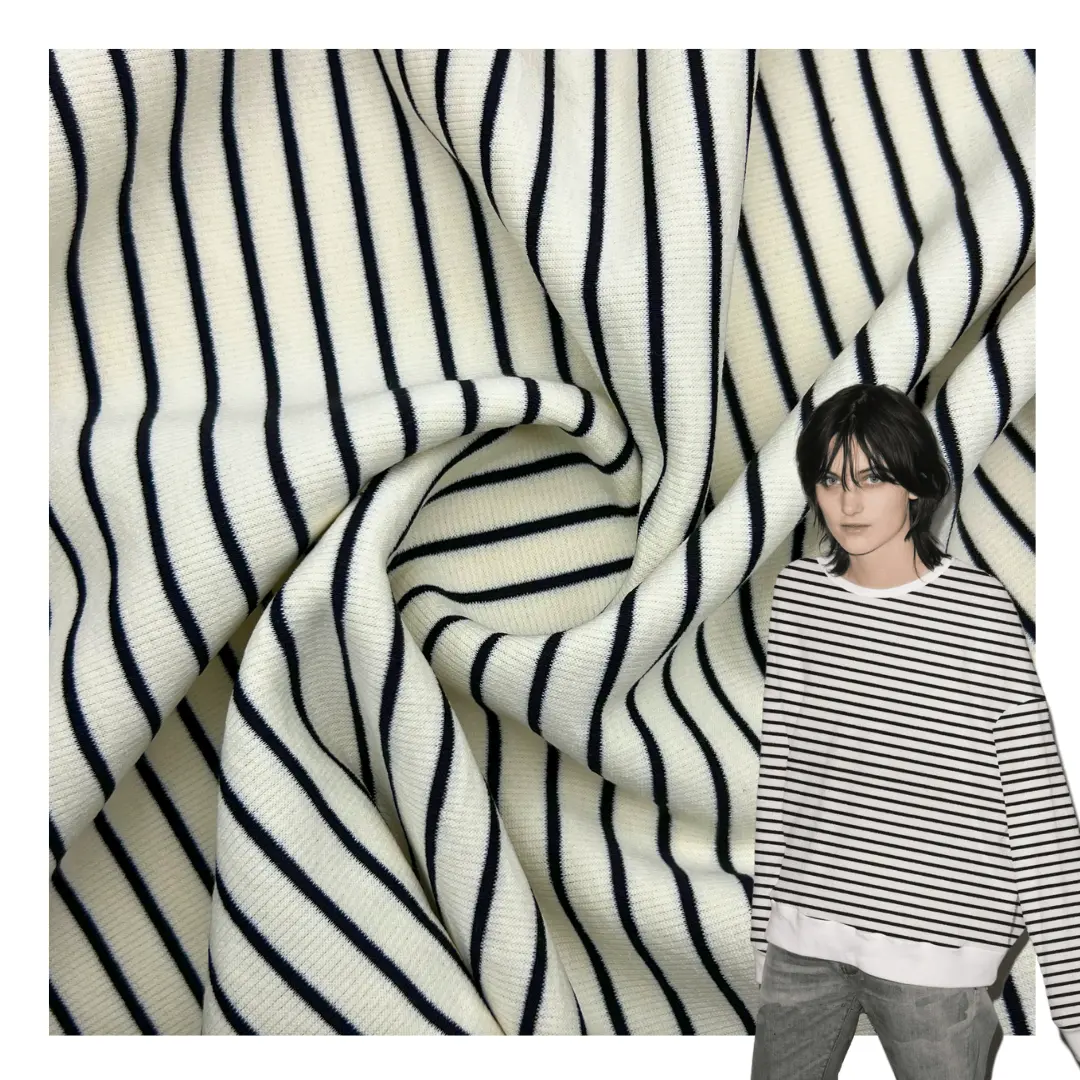 Thickened cotton-polyester fabric CVC textile fashion striped design for winter women hooded sweatershirt white fabrics