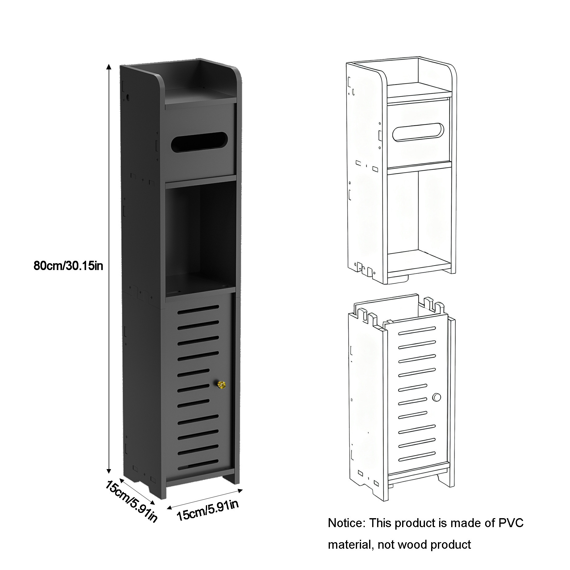 Meuble de toilette étroit noir [porte simple séparée]
