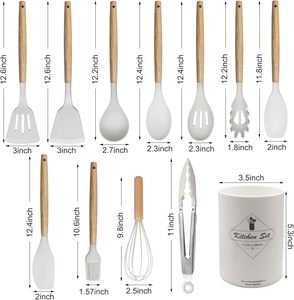 12-teiliges Küchenutensilien-Set im nordischen Stil mit weißem Silikon und Holzgriff, inklusive Pfannenwender und Spatel - Product Image 2