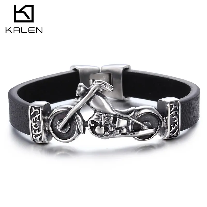 KALEN — Bracelet homme noir en cuir de vache, breloque de moto, à la mode