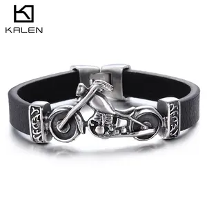 KALEN Fashion Motorcycle Charm Black Men Cowhide Leather Bracelet