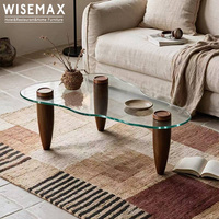 Table basse WISEMAX FURNITURE de style Wabi-sabi avec base en bois et plateau en verre trempé pour hôtel, restaurant, café, bureau, villa
