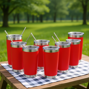 Gobelet isotherme rouge en acier inoxydable 20oz avec couvercle et paille, double paroi isolée, pour café, thé, utilisation extérieure, réutilisable, sans BPA - Product Image 2