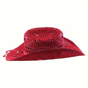 Chapeau de soleil en paille ajouré pour femme et fille, style vacances, avec ceinture tressée, modèle cowboy rouge tendance - Product Image 5
