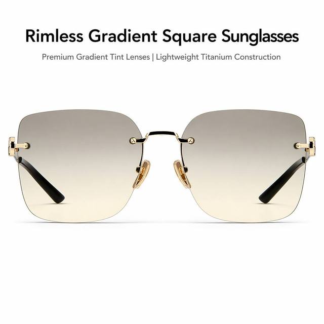 Jami Optic Men's Gold Square Rimless Sunglasses Lightweight Anti-Radiation UV400 PC Metal Fashion Design for Daily Outdoor Use
