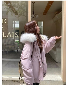 Abrigo de algodón con capucha y Cuello de piel larga con botón de cuerno de vaca para mujer, longitud media, estilo de invierno, estilo coreano, tamaño pequeño, versión gruesa - Product Image 3