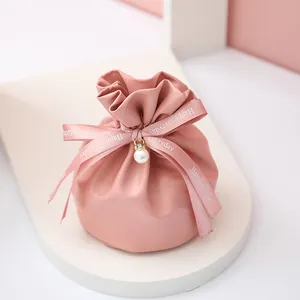 PU Leather Mini Pink Wedding Candy Gift Bag PU Drawstring Gift Bag Embalagem com Ribbon Party Chocolate Cookies Storage