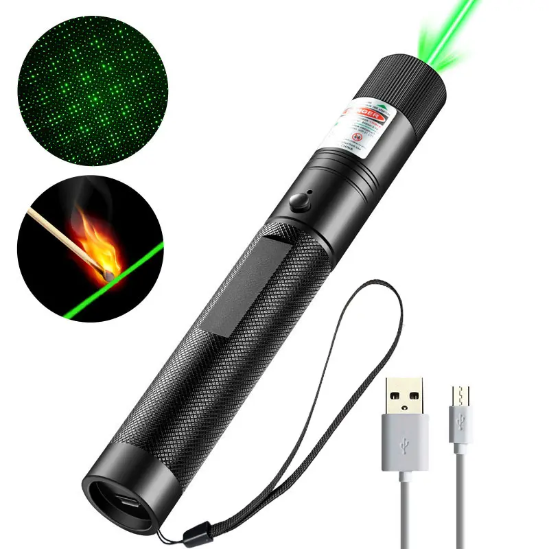 Lampe de poche laser verte rechargeable USB, haute puissance, 303 étoiles, jouet pour chat, pointeur laser, stylo laser, faisceau brûlant, match