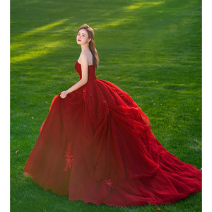 Dark Red Strapless Ball Gown Wedding Dress Empire Waistline Tulle Netting Fabric Simple Fashion Element - Product Image 2