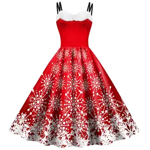 准备发货圣诞红色连衣裙女性时尚美丽雪花数码印花吊带最新圣诞连衣裙