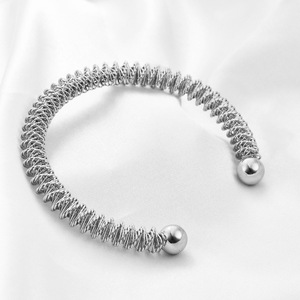 Stainless Steel Spring <b>Bracelet</b> 8mm Open Cuff <b>Ball</b> Ends Women's Fashion Jewelry Gift Gold Silver Tone - Product Image 4