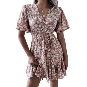 Vestido de Verano para Mujer, Estampado Floral, Cuello en V, Hombros Descubiertos, Manga Corta, Corte en A, Cintura Elástica, Estilo Vintage, para Uso Diario - Product Image 4