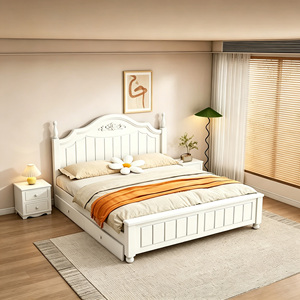 Lit de ferme en bois massif peint non toxique, blanc rustique, luxe moderne, taille King/Queen, ensemble de <span class=keywords><strong>chambre</strong></span> à <span class=keywords><strong>coucher</strong></span> français réglable avec matelas - Product Image 1