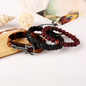 Nouveau design tendance, <span class=keywords><strong>bracelet</strong></span> réglable en <span class=keywords><strong>cuir</strong></span> de vachette perlé en <span class=keywords><strong>bois</strong></span> <span class=keywords><strong>et</strong></span> alliage pour <span class=keywords><strong>homme</strong></span>, idéal pour un anniversaire - Product Image 2