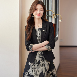 Women's Printed Suit Dress Set Black Blazer Crepe Two Piece Summer Korean Style Breathable Polyester - Product Image 2