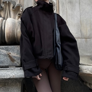 Manteau court en laine pour femme, coupe ample, col montant, tendance - Product Image 4