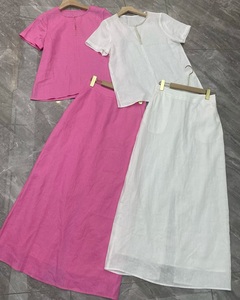 Completo Set Abito Lungo di Alta Qualità Nuovo 2026 Primavera Estate Designer Abbigliamento Donna: Top Bianco Rosa a <span class=keywords><strong>Maniche</strong></span> Corte + Gonna Lunga in Lino - Product Image 5