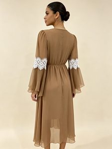 Women Bohemian Midi <b>Dress</b> White Lace Applique V Neck Flare Long Sleeve Drawstring Waist Chiffon Casual - Product Image 3
