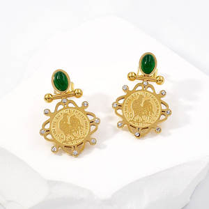 ファッションステンレス鋼卸売防水18Kゴールドメッキグリーンストーンコックラグジュアリーネックレスとイヤリングジュエリー女性用セット - Product Image 3