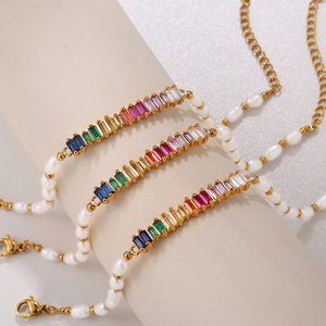 Freshwater Pearl <b>Beaded</b> <b>Bracelet</b> With Colorful Zircon Gems Stainless Steel Party Jewelry Irregular Geometric Design - Product Image 3