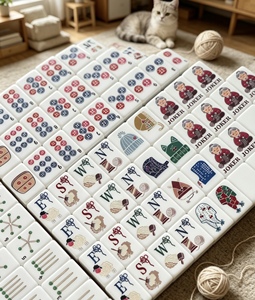 Lujosas y Acogedoras Baldosas de Mahjong Americanas con Patrón de Gatos en Hilo Blanco Crema, Ideales para Clubes Profesionales, Fiestas en Casa, o como Regalo para Abuelas - Product Image 4