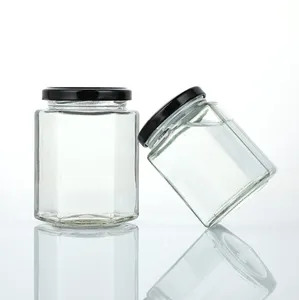 180ml 280ml 380ml 500ml bocaux en verre hexagonaux bouteille de miel de qualité alimentaire bouteille de confiture transparente avec couvercle