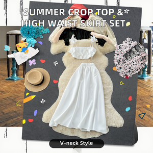 Women's <b>White</b> <b>2</b>-<b>Piece</b> <b>Set</b> Strapless Crop Top With Flower Appliques And High Waist Midi Skirt Prairie Chic Spring Summer Style - Product Image 2