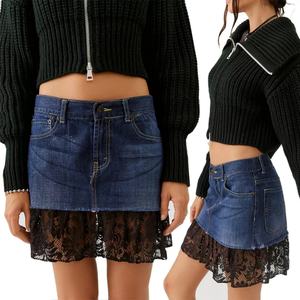 Minifalda vaquera azul de talle bajo con encaje en contraste para mujer - Product Image 5