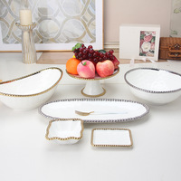 Assiettes carrées en céramique à bord doré et à perles, style occidental, pour la maison, salades, desserts, fruits, steaks