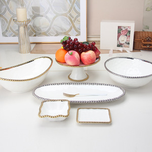 <span class=keywords><strong>Piatti</strong></span> <span class=keywords><strong>Quadrati</strong></span> in Ceramica con Bordo Dorato e Perline, Stile Occidentale, per Insalata, Dessert, Frutta e Bistecca - Product Image 2