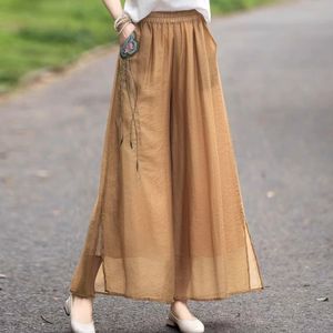 Women's Double Layer Wide Leg Cotton Linen Pants Pink Embroidery Casual Style Spring Summer Breathable Chiffon Trousers - Product Image 3