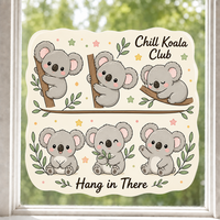 Autocollants personnalisés imperméables en PVC vinyle, motif koala kawaii, décalcomanie de fenêtre en forme de feuille, imprimé UV, autocollant décoratif électrostatique pour verre et mur