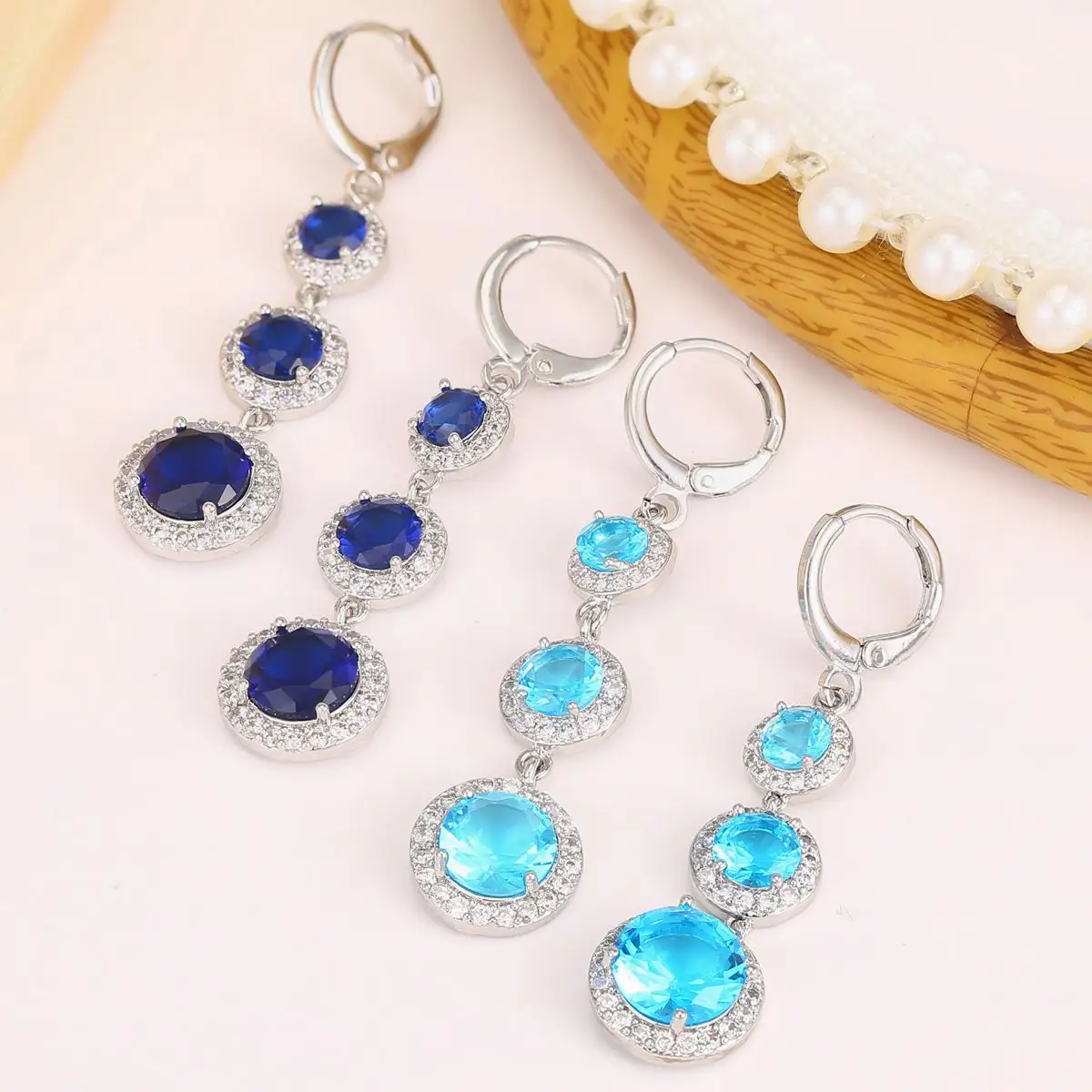 Vintage luxurious earrings blue spinel aqua blue zircon long hoop dangle huggie delicate earrings