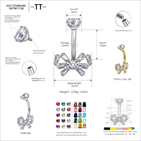 Pendentif papillon en titane ASTM F136 serti de zircone, piercing de nombril à filetage interne 14G, bijoux de piercing à filetage interne