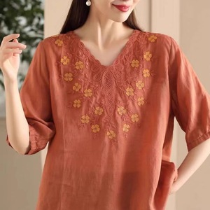Cotton Linen Sheer Embroidered Shirt Women V Neck Mid Sleeve Pullover Elegant <b>Top</b> Everyday Wear - Product Image 4