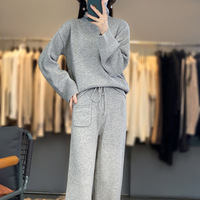 Ensemble en cachemire pour femmes IWE012, mode automne-hiver, avec col montant, pull en tricot ample, pantalon large, ceinture, poche
